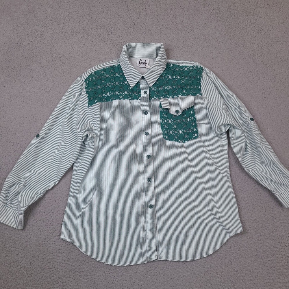 Vintage Tapestry Shirt Womens Medium Green White‎ Button Up Lace Made In USA